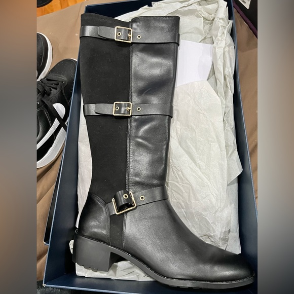 Cole Haan Salem Black Leather Triple Buckle Knee High Riding Boots - Picture 2 of 8